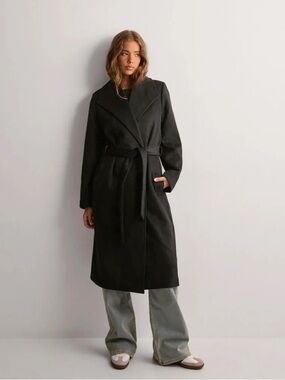 Black Wrap Trench Coat with Self-Tie Belt